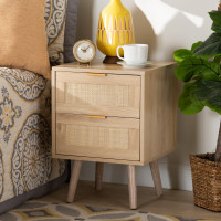 Baxton Studio SR196128-Rattan-NS Baird Mid-Century Modern Light Oak Brown Finished Wood and Rattan 2-Drawer Nightstand